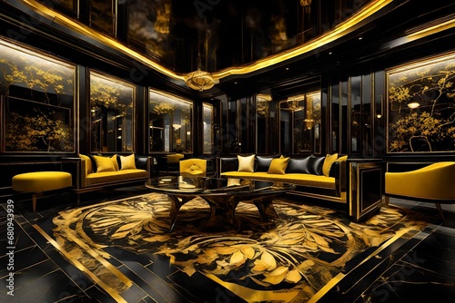 extreme view, with 3D, of a loby , of a luxury hotel, with black and yellow background, loght mode photo