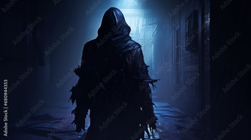 A shadowy figure lurking in the dimly lit alleyways of an ancient town. Digital concept, illustration painting. A shadowy figure lurking in the dimly lit alleyways of an ancient town. Digital concept, illustration painting.