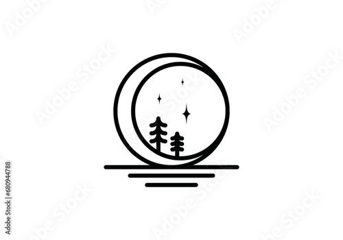 pohon pinus dengan desain logo bulan, ilustrasi vektor simbol elemen gaya linier siluet malam.