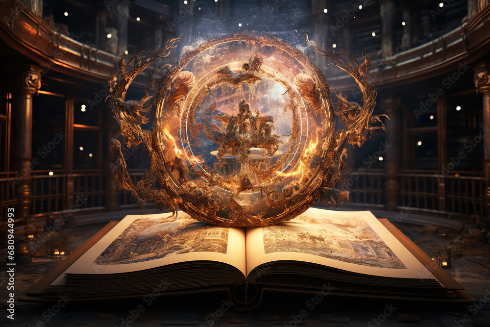 Open book with flying Zodiac signs, astrology magic book, heel of fortune and constellation study for foretell education course, AI generative.. - obrazy, fototapety, plakaty 