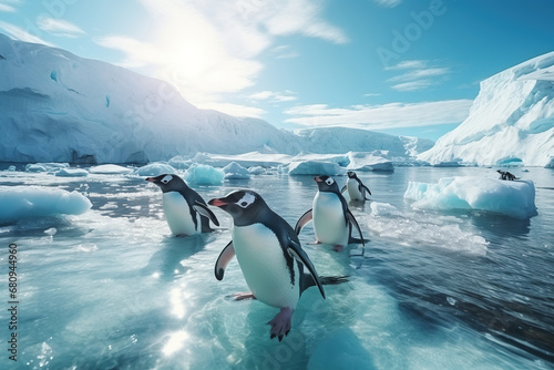 Adelie penguins and water Antarctica,  diving in the water, AI Generative.