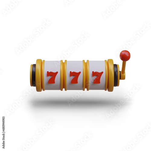 Vector 3D slot machine with handle. Winning combination, jackpot, three sevens. Gaming equipment for casinos. Time to win. Isolated illustration with glare and shadows