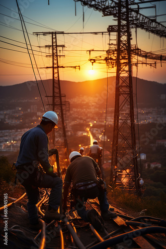 Workers construction the extension of high-voltage towers,  heavy industry, sunset silhouette, AI Generative. © Viktoriia