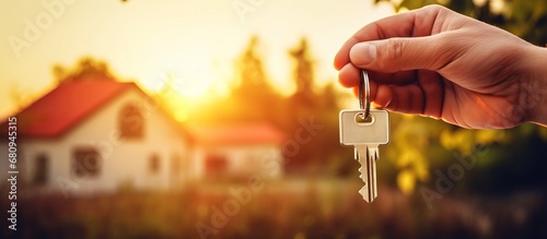 Concept of buying real estate, minimalistic background. Rental housing, purchase or sale. A man holds the key to a new house in hands. Generative AI. photo