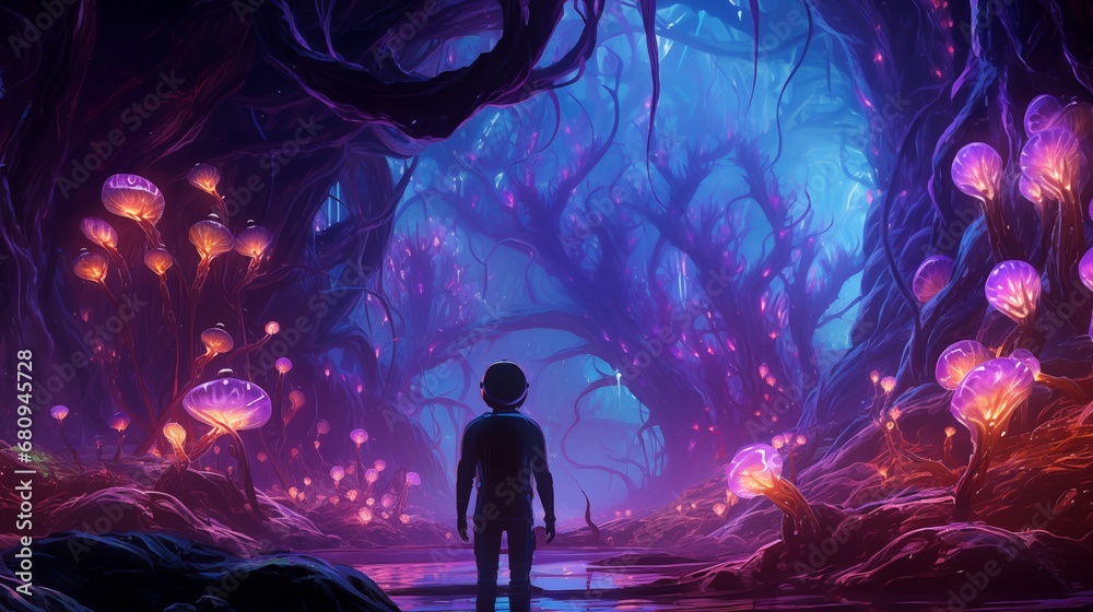 An explorer encountering a bio-luminescent alien flora on a distant planet. Digital concept, illustration painting.