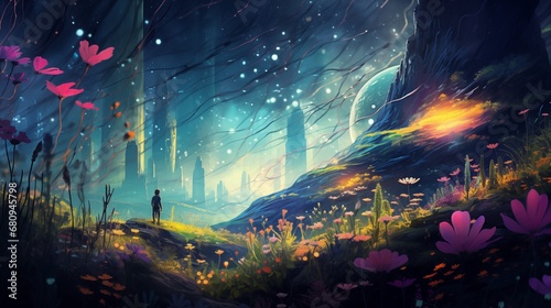 An explorer encountering a bio-luminescent alien flora on a distant planet. Digital concept  illustration painting.
