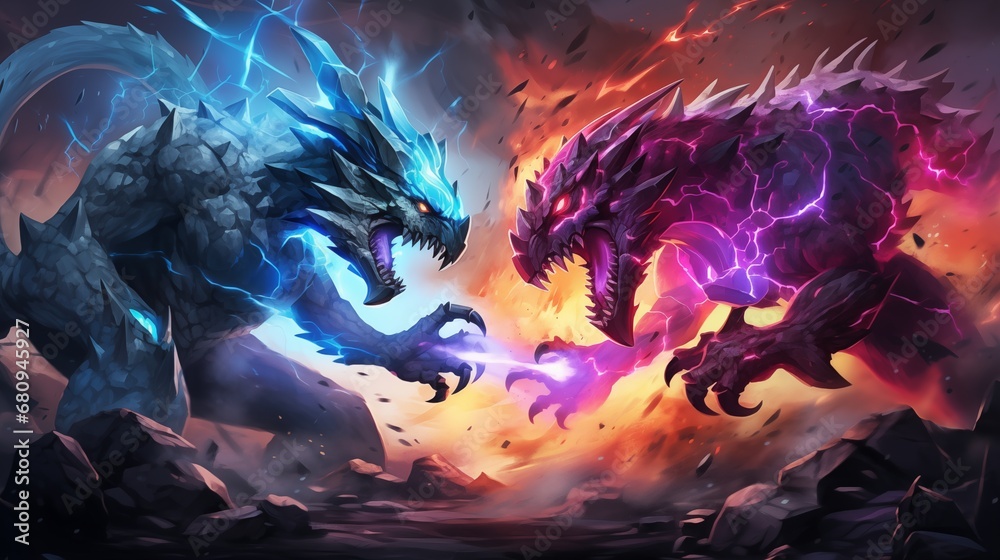 An epic battle scene between two monsters. Digital concept, illustration painting. An epic battle scene between two monsters. Digital concept, illustration painting.