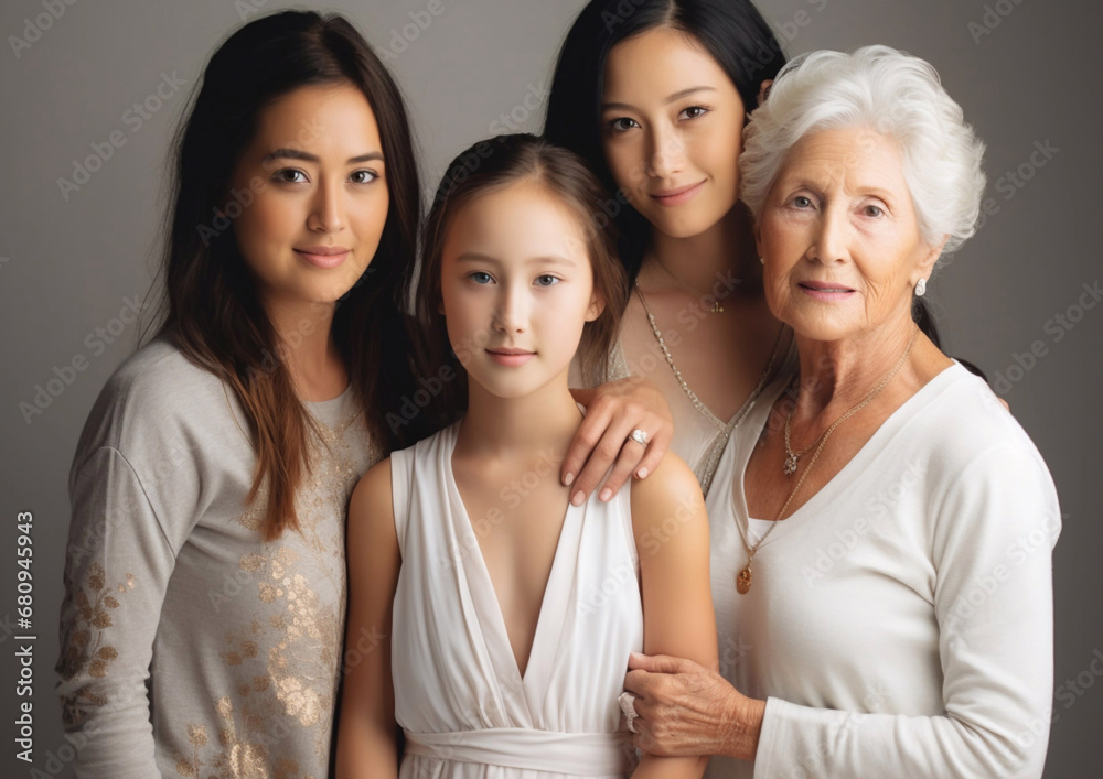 Obraz premium Happy asian women family in four generations in family studio portrait shot.Macro.AI Generative.