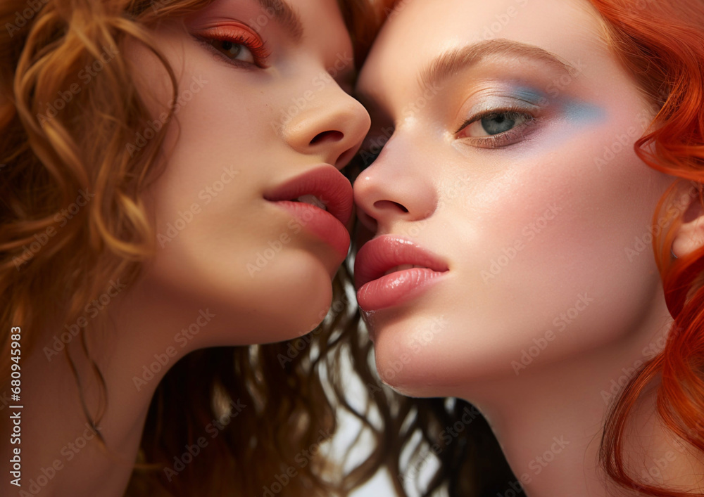 Close up faces of two beautiful young women with beauty makeup.Macro.AI Generative Close up faces of two beautiful young women with beauty makeup.Macro.AI Generative