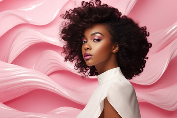 A portrait of a young and beautiful black  woman wearing a white top with natural Afro hairstyle isolated  on a pink background with an abstract texture pattern. Generative AI.