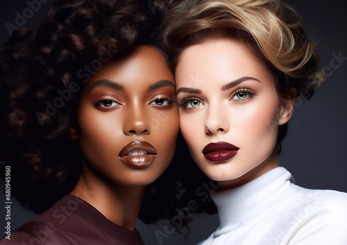 Two beautiful young women with beauty fashion hairstyle and makeup.Macro.AI Generative