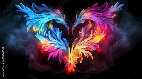 Heart with Wings Abstract Smoke Background. Freeze motion dust cloud. Particles explosion screen saver, wallpaper with color dust. Love romantic concept for Valentines day. © Voysla