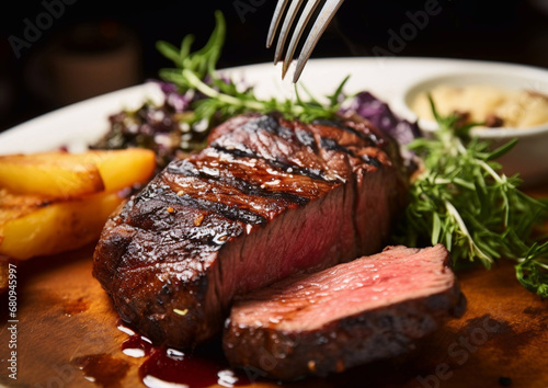 Mignon tenderloin beef steak with fork on plate in fine dining restaurant.Macro.AI Generative.