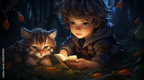 A young wizard is studying a spell book. Digital concept, illustration painting.