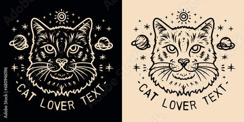 Cat and celestial galaxy elements. Spiritual girl and mystical occult cat lover concept. Enlightened, mystic and witchy kitten portrait drawing. Vector with text space for logo and t-shirt design.