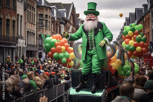 Immerse in Dublin's vibrant St. Patrick's Day parade, marked by flamboyant floats, agile children on stilts, and merry mascots distributing sweets, epitomizing the city's festive heart. photo