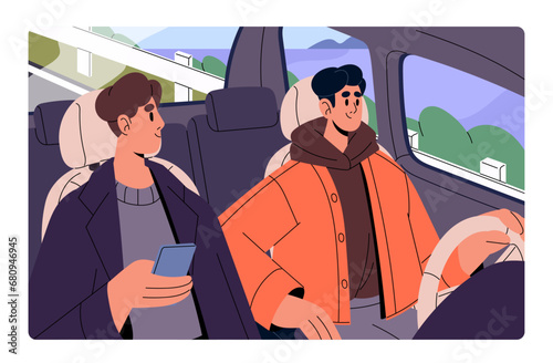Friends drive, ride in car together. Driver looking on road, holds steering wheel. Passenger navigates by digital map, search route in smartphone. People inside automobile. Flat vector illustration