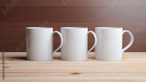 Three White Mugs Mockup Against the Background of Blurred Lights. Empty mug mock up for brand promotion.
