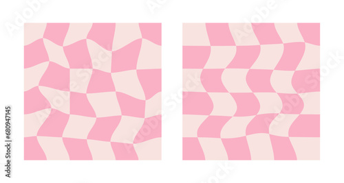 Groovy checkered vintage aesthetic backgrounds, psychedelic checkerboard texture. Funky hippie fashion textile print, retro background with distorted grid tile vector pattern set