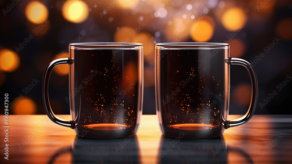 Two Glass Black Mugs Mockup Against the Background of Blurred Lights. Empty mug mock up for brand promotion.