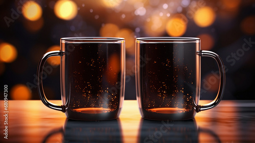 Two Glass Black Mugs Mockup Against the Background of Blurred Lights. Empty mug mock up for brand promotion.