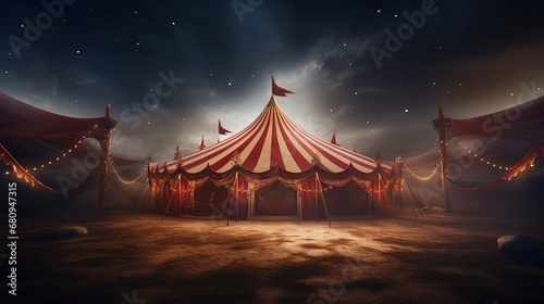 Old scary circus tent on space background, vintage style with a red and white striped top. Mistery atmosphere © Bettina