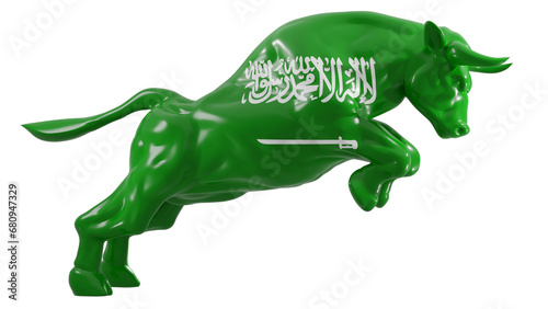 A charging bull with Saudi Arabia flag on transparent background representing Saudi Arabia bull stock market. 3d rendering photo