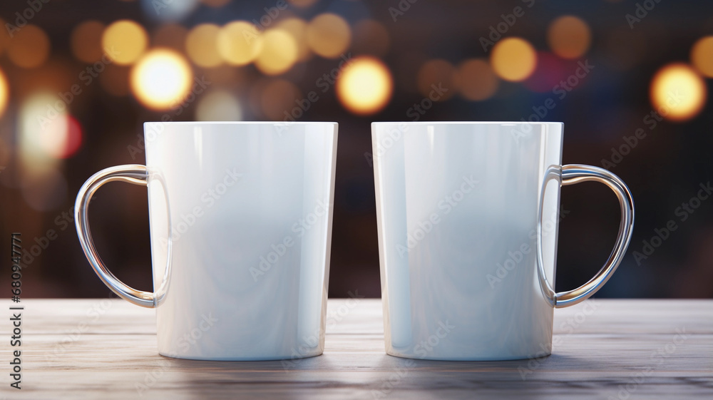 Two White Mugs Mockup Against the Background of Blurred Lights. Empty mug mock up for brand promotion. Two White Mugs Mockup Against the Background of Blurred Lights. Empty mug mock up for brand promotion.