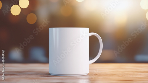 White Mug Mockup Against the Background of Blurred Lights. Empty mug mock up for brand promotion.