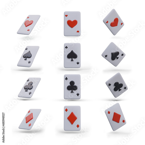 Set of realistic aces in different positions. Colored vector playing cards of different suits. Gambling games symbols. Red and black Spades, Hearts, Diamonds, and Clubs with shadows