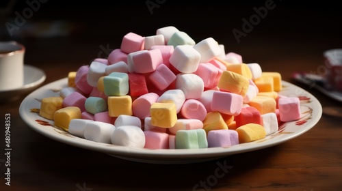 Colorful marshmallows on a plate, seen from ground level, on wooden table