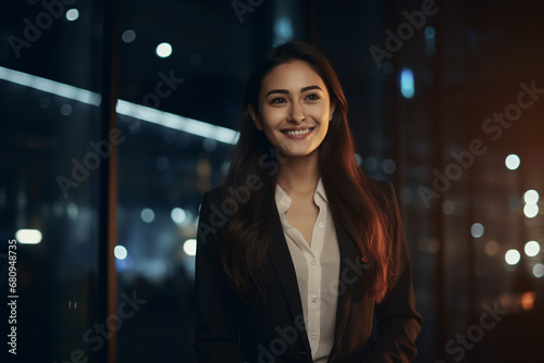 Young technologist woman standing against Modern Office, She is Beautiful Asian young woman in business clothing smile white working. Generative AI..