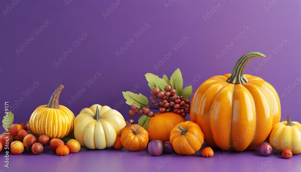 Autumn Harvest Delight: 3D Pumpkins and Fruits on Purple Autumn Harvest Delight: 3D Pumpkins and Fruits on Purple