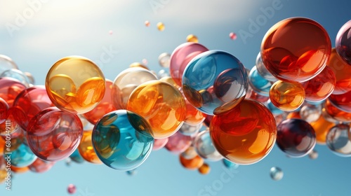 AI generated illustration of multicolored balloons flying away into the clear blue sky