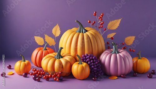 Purple Paradise of Fall  3D Pumpkins and Autumn Fruits