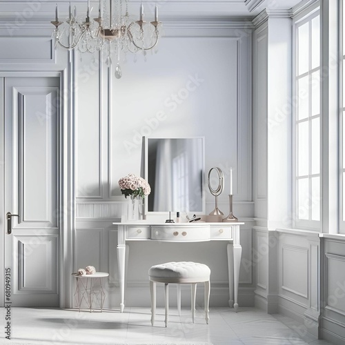 A room with a sparkling chandelier, a white make up table with a sleek sink, and stylish mirror
