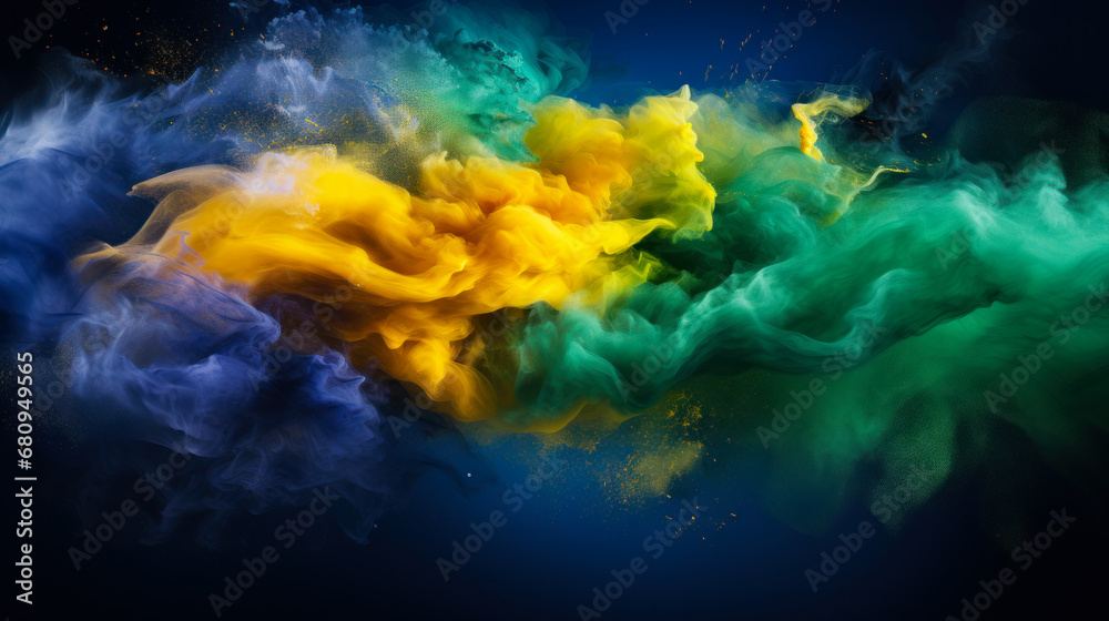 Obraz premium abstract flowing colors of the flag of brazil with dark green and blue background for copy space