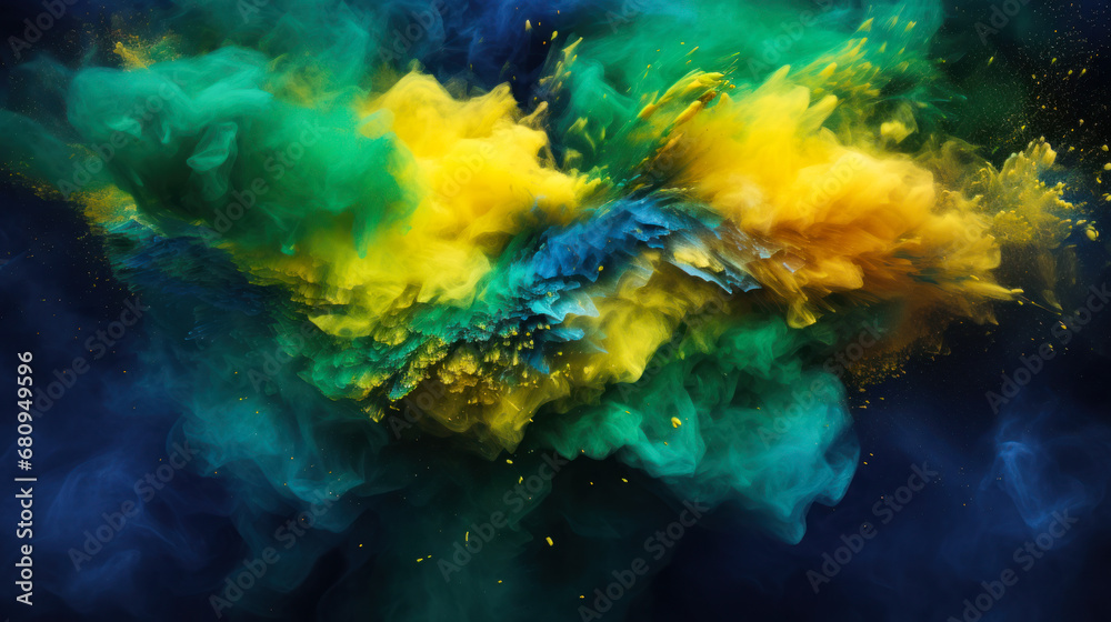 abstract powder exploding colors of the flag of brazil with green and blue background for copy space - obrazy, fototapety, plakaty 