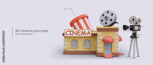 3D film process. Cinema in cartoon style, huge film camera, reel, cup of sweet drink. Advertising for online viewing. Horizontal header, flyer, banner with place for text