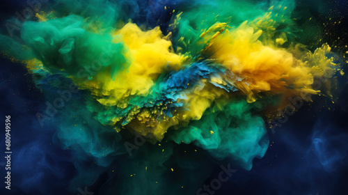 abstract powder exploding colors of the flag of brazil with green and blue background for copy space photo