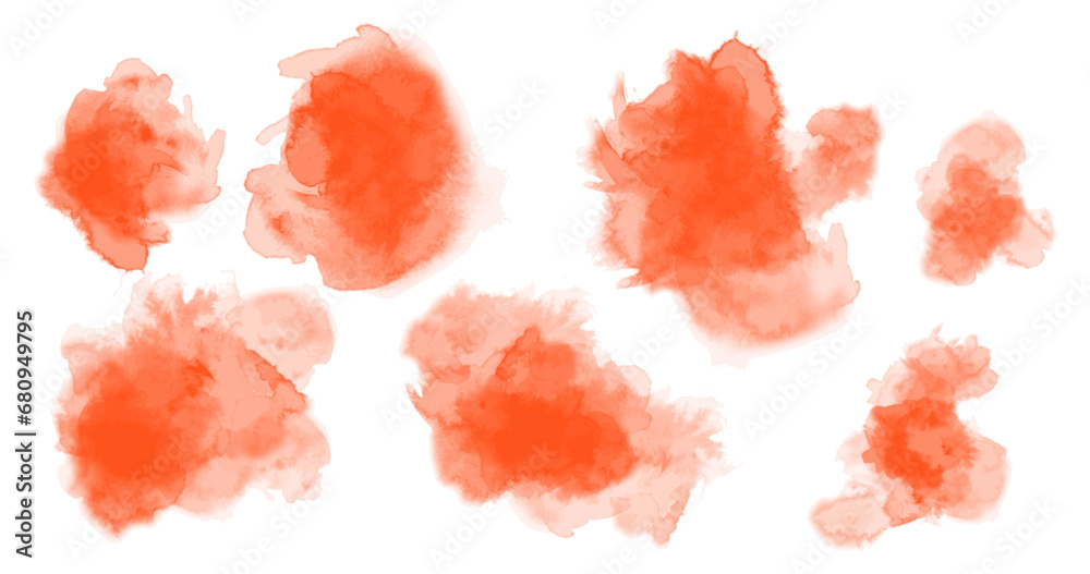 Set of orange color watercolor background with clouds. Watercolor brush