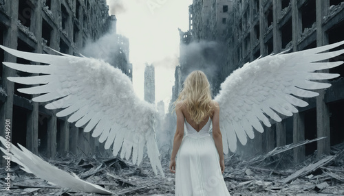 A blonde woman girl angel in a white dress and long white wings standing in front of a destroyed city. War apocalypse concept illustration photo