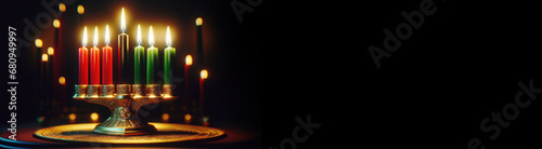 Happy kwanzaa greeting card with decoration of Mishumaa Saba seven candles in red, black and green colors. Kwanzaa holiday greeting card banner with African traditional candles on black background photo