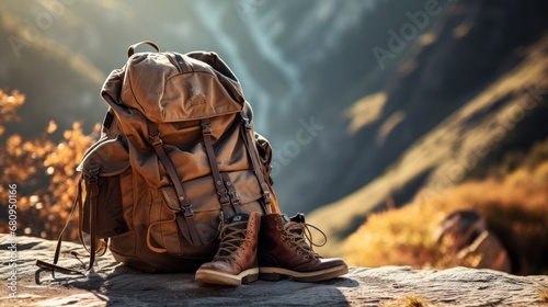 a backpack and hiking boots at the base of a mountain trail, brown tones, 