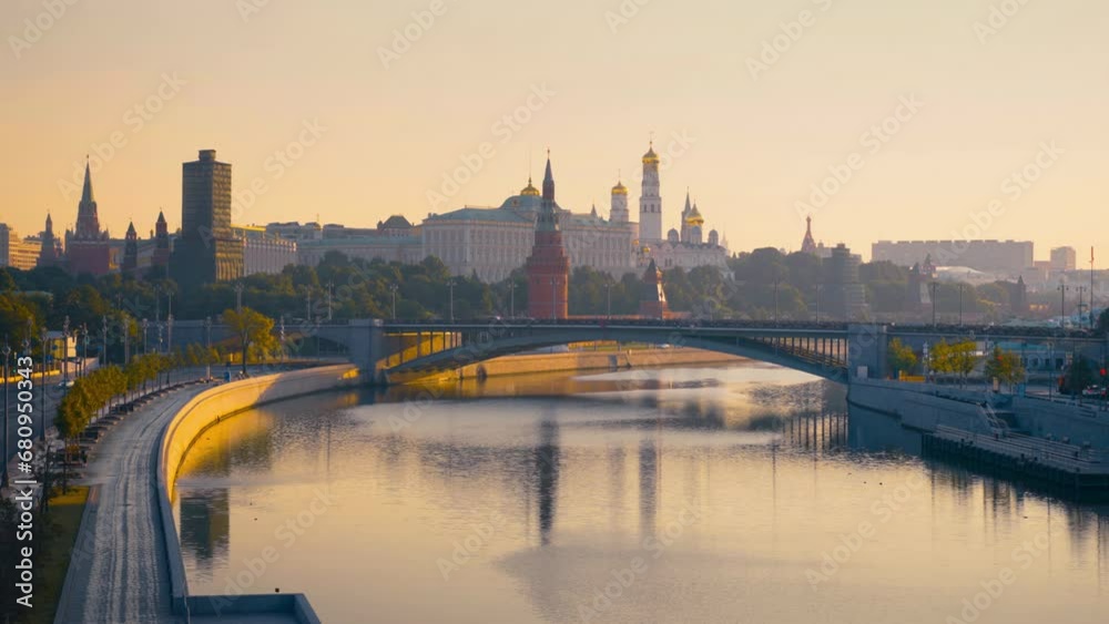 Moscow Kremlin and morning sun. View from the Patriarshy Bridge, Russia