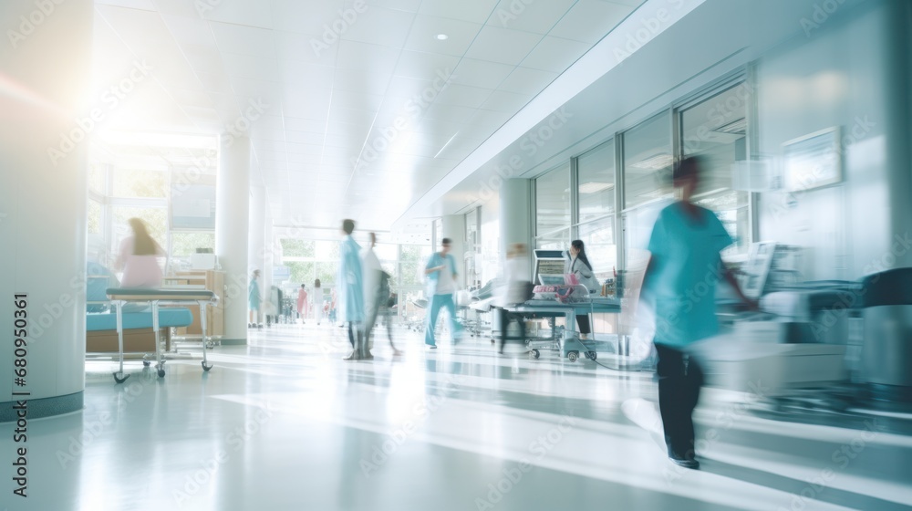 abstract blurred image of doctor and patient people in hospital interior or clinic corridor for background,  - obrazy, fototapety, plakaty 