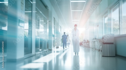 abstract blurred image of doctor and patient people in hospital interior or clinic corridor for background,  photo