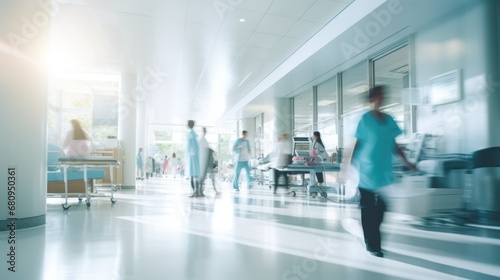 abstract blurred image of doctor and patient people in hospital interior or clinic corridor for background, 
