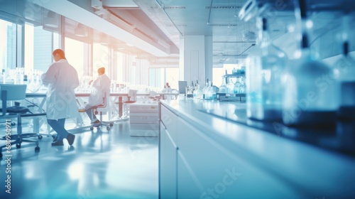 Blurred modern Medical Science Laboratory with Team of Specialists on background.  photo