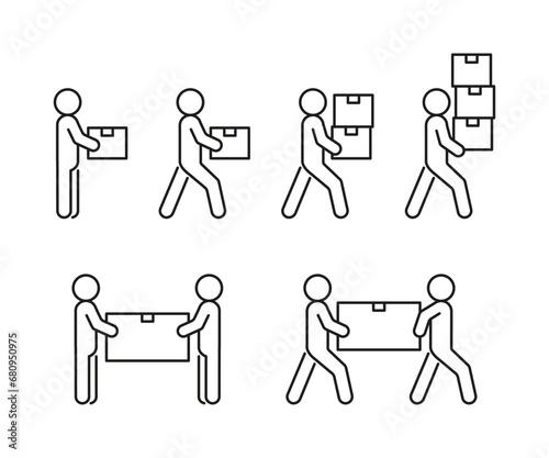 Box delivery, person move cargo, line icon set. Courier with package, relocation. Transfer weight. Vector